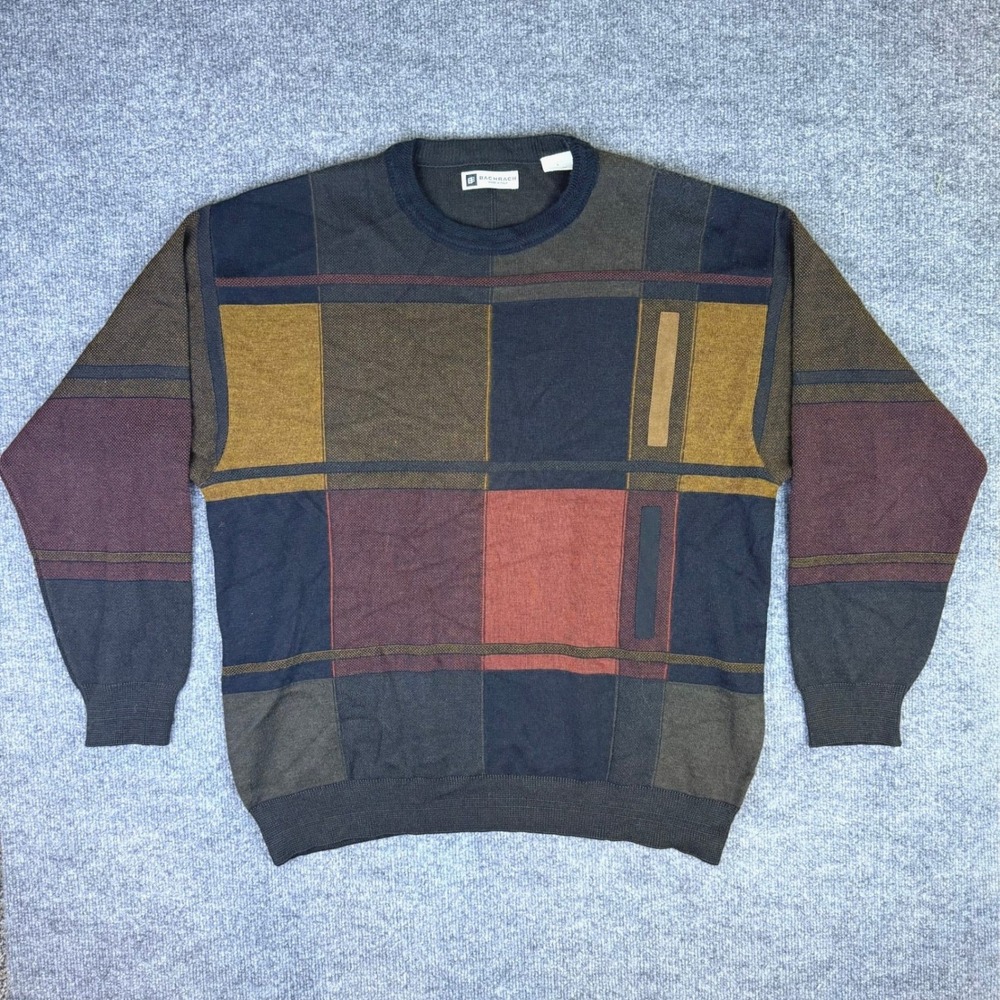 Vintage Bachrach Mens Merino Wool Blend Sweater Colorblock Crewneck Coogie Style